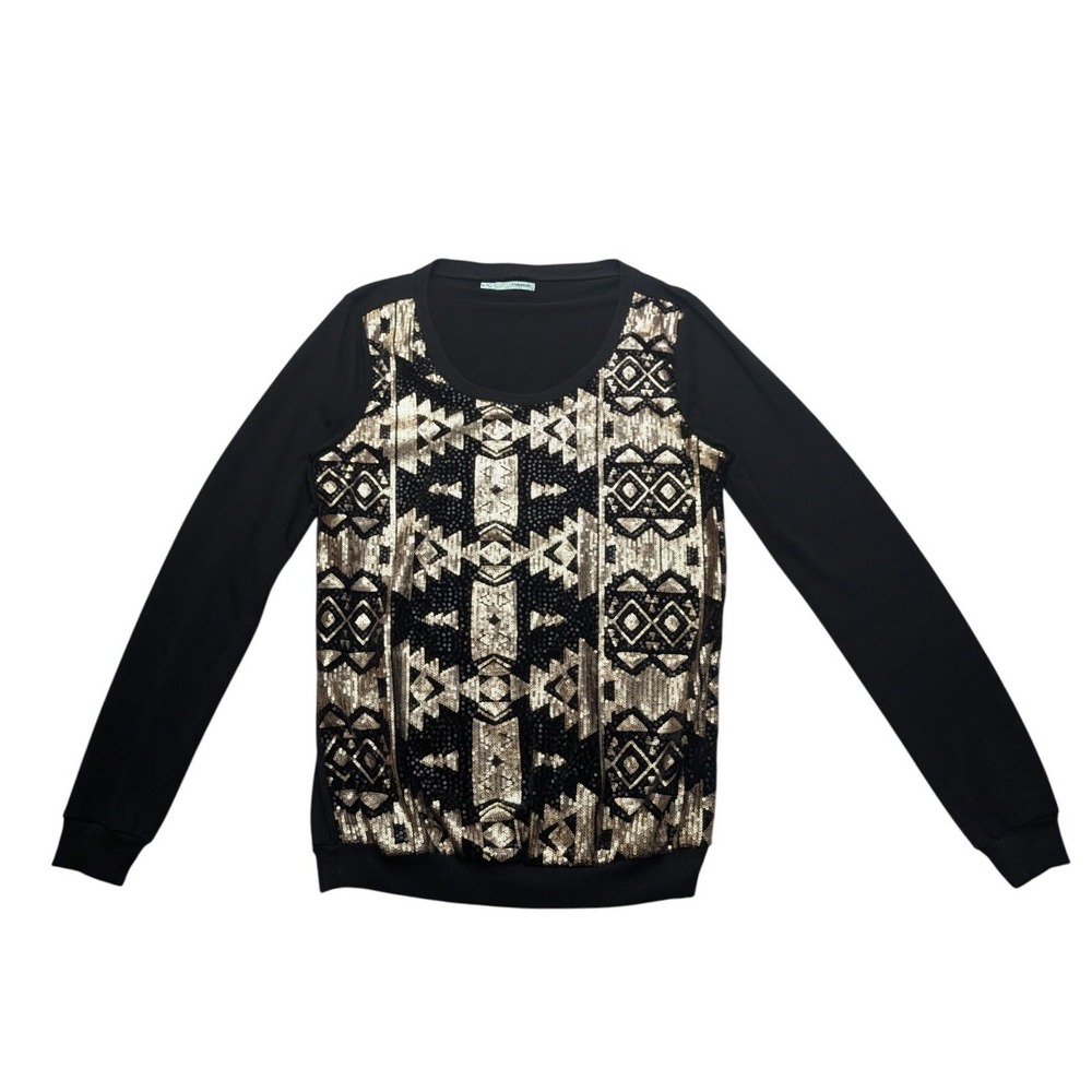 Maurices Sequin Geometric Top Womens M Black Gold Tribal Long Sleeve Pullover